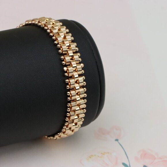 "Elegant Rose Gold Wide Link Bracelet with Beaded Edge Design, XPBL0859 - Picture 12 of 12